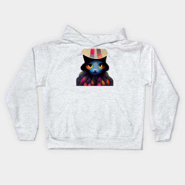 Colorful cat wearing a surreal hat Kids Hoodie by AmazinfArt